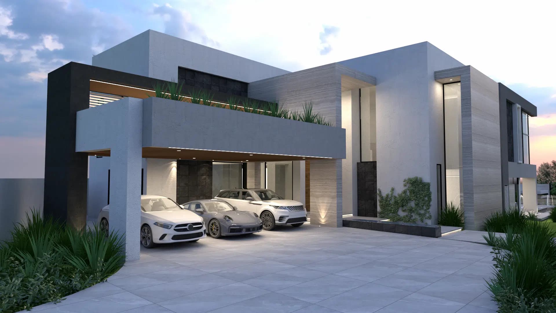 Residencia contemporánea blanca de dos niveles con pórtico, terraza y tres autos en el acceso