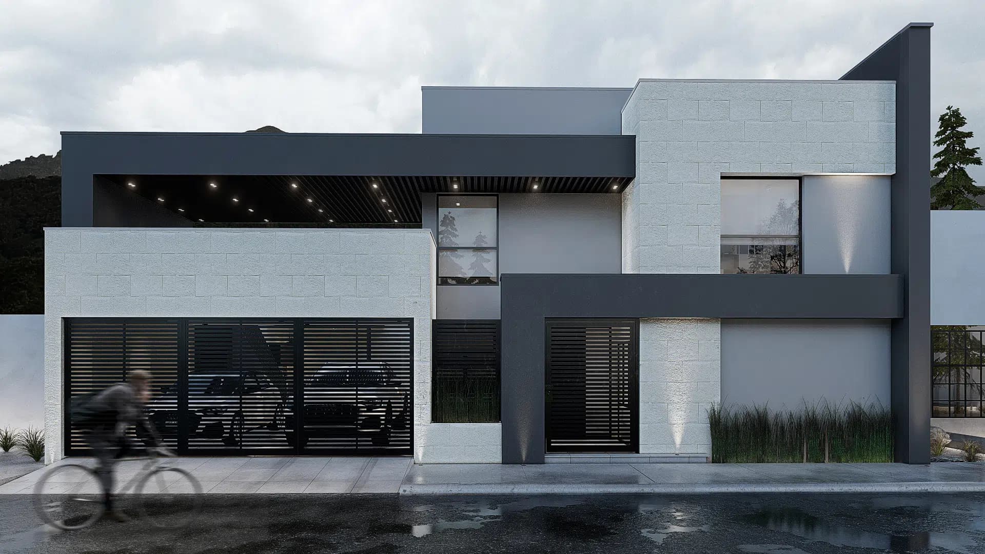 Residencia contemporánea de volúmenes blancos y negros con portón de lamas y cochera