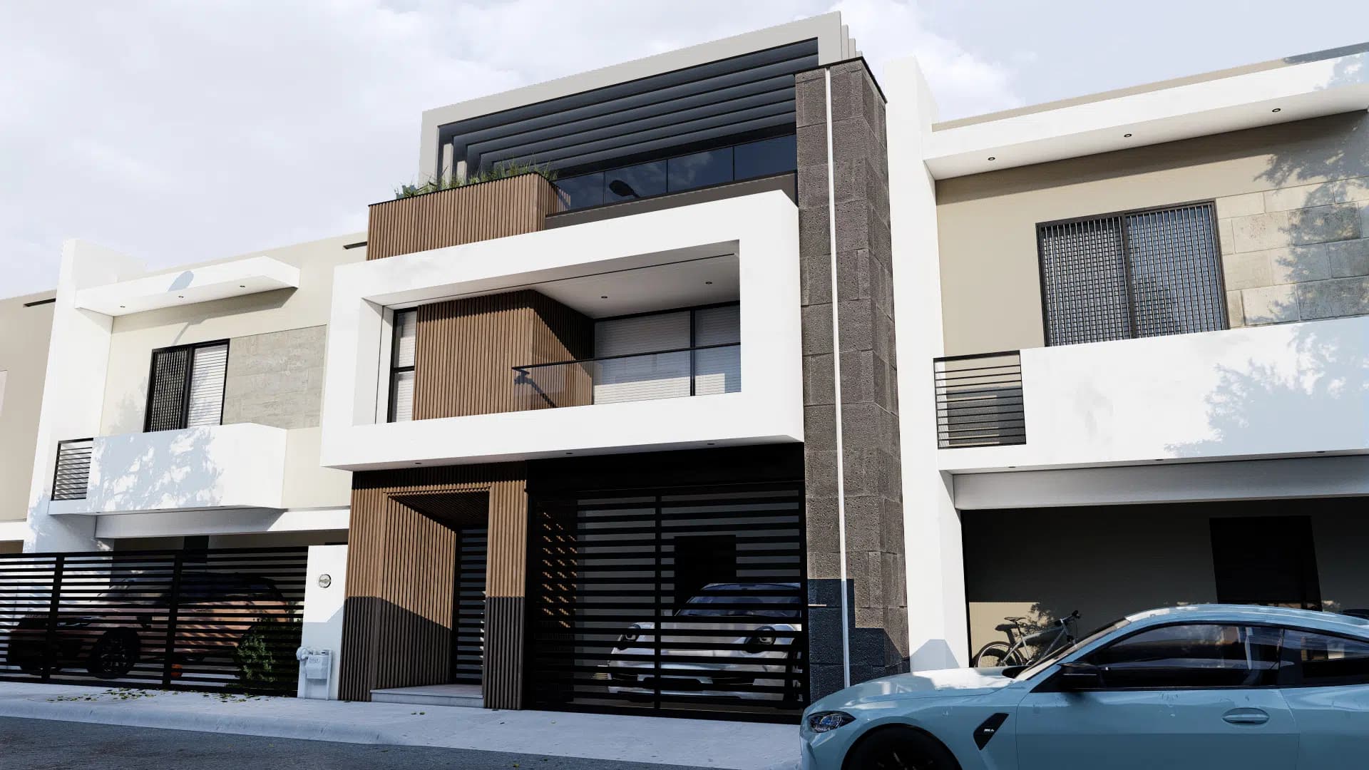 Casa contemporánea en hilera con fachada de madera, portón de lamas y cochera