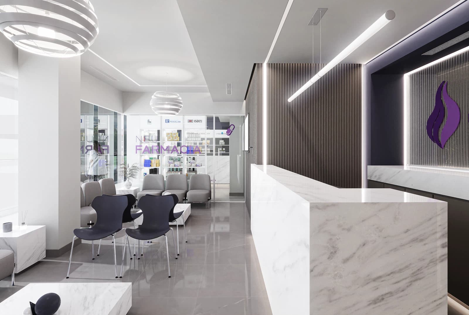 Recepción de farmacia con barra de mármol blanco, sillas negras y sala de espera