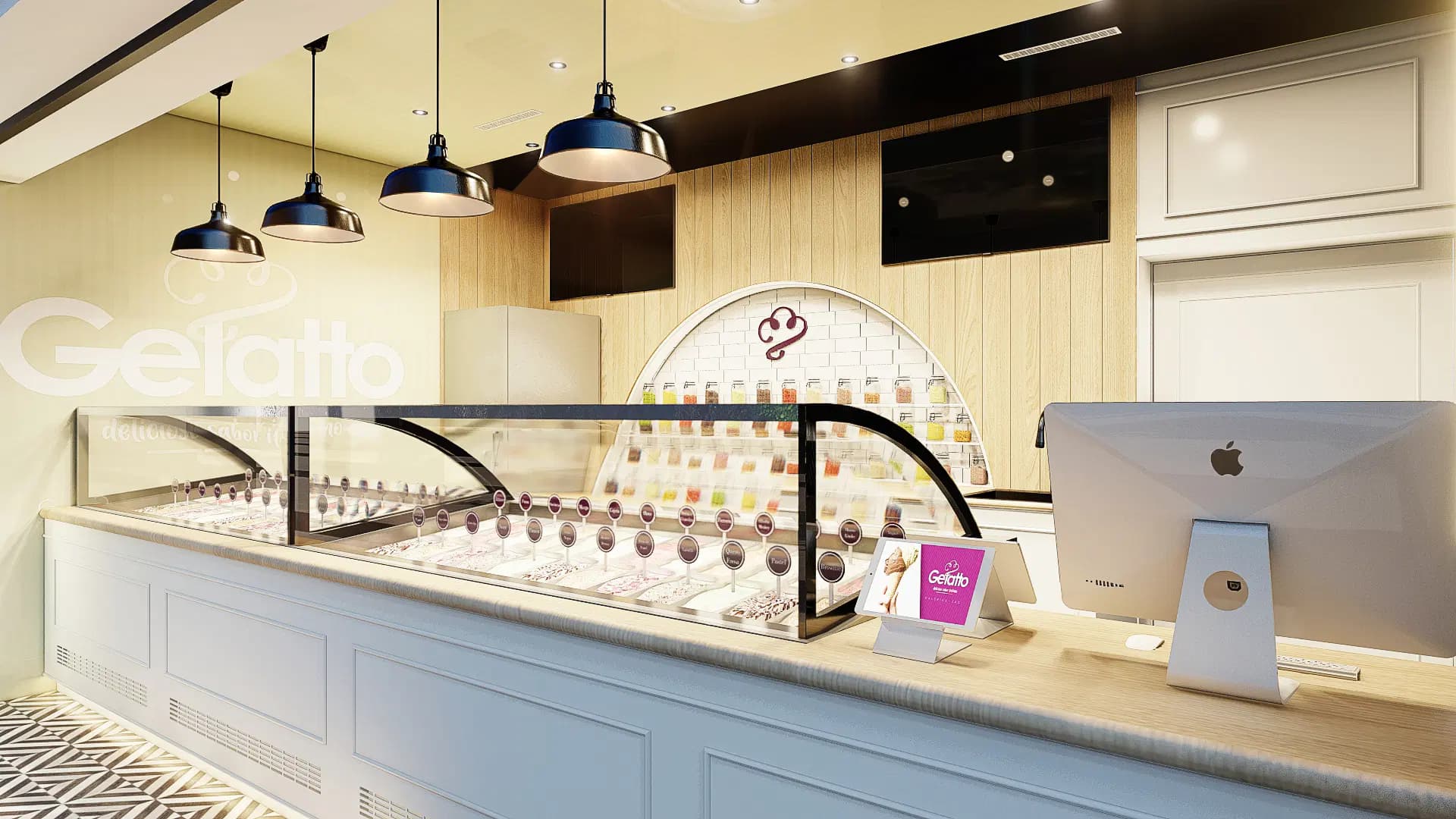Interior de nevería Gelatto con vitrina de helados, lámparas colgantes y punto de venta
