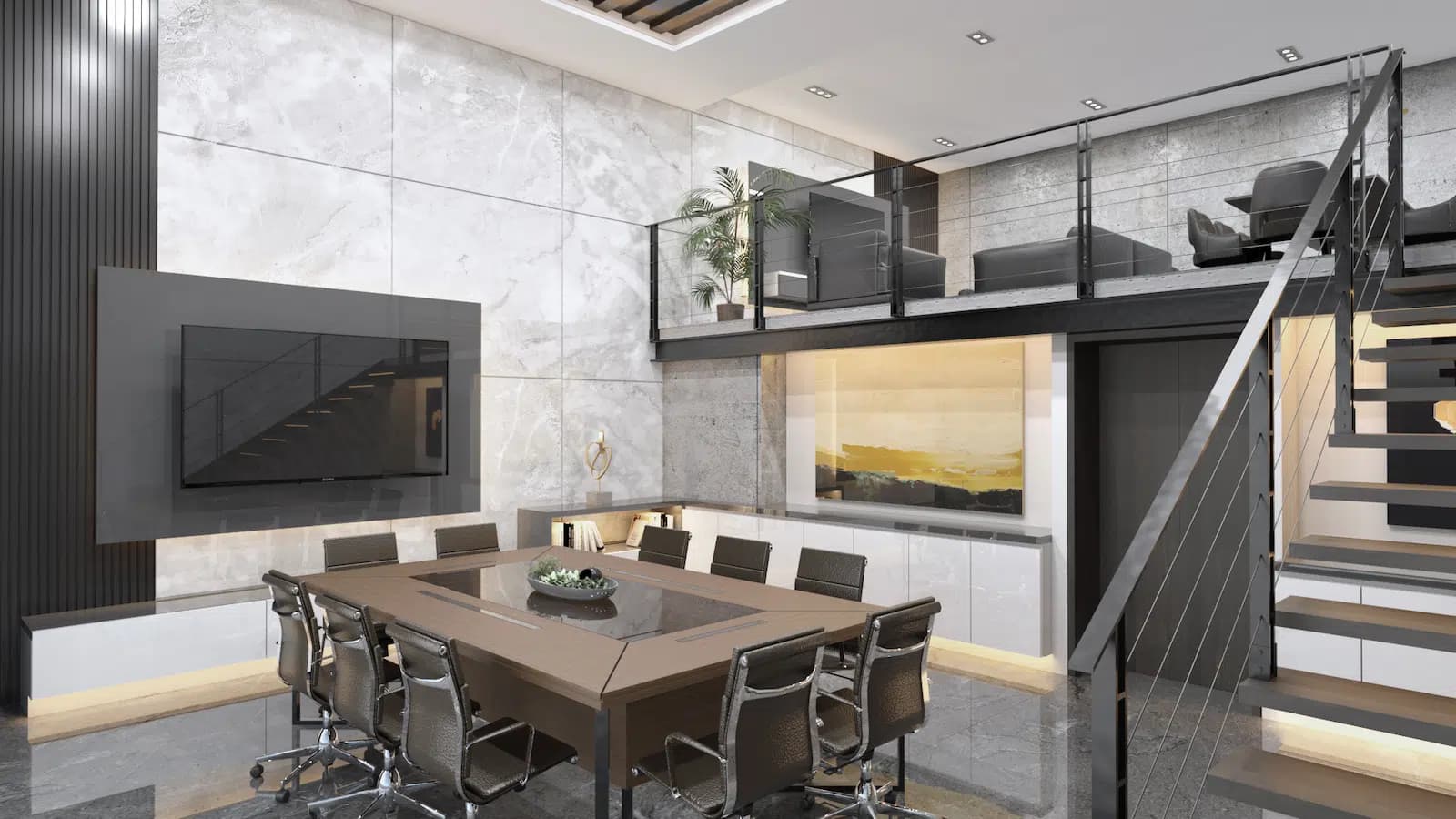 Sala de juntas de doble altura con muro de mármol, mezzanine y escalera